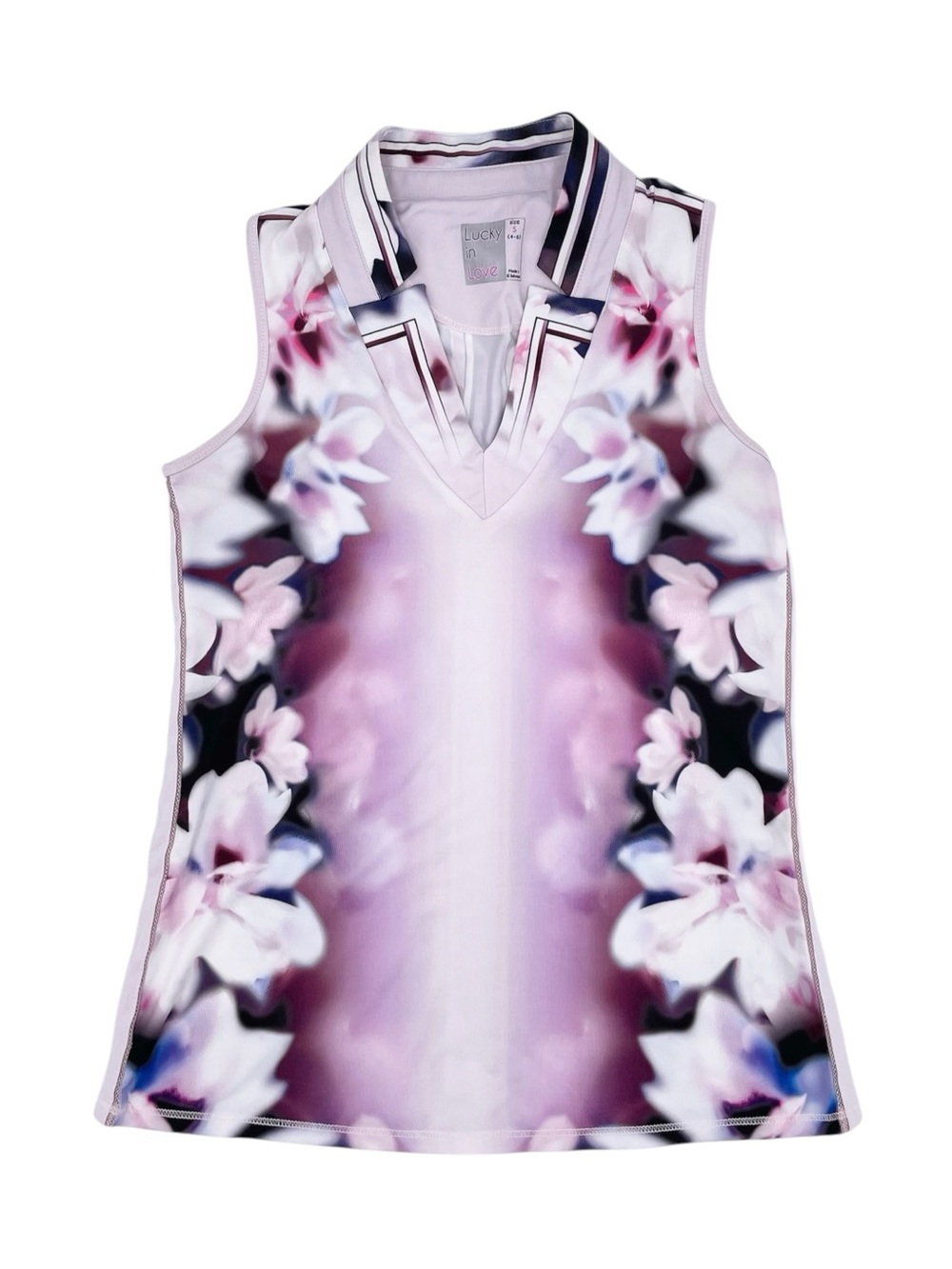 Lucky in Love Chi Chi Tank Size Small Watercolor Floral Notch Collar Tennis
